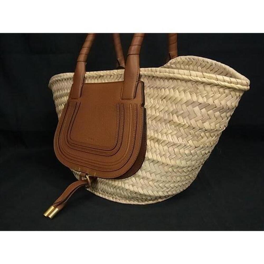 Chloe Marcie Raffia Leather Shoulder Bag Basket Tote Brown - Picture 3 of 7